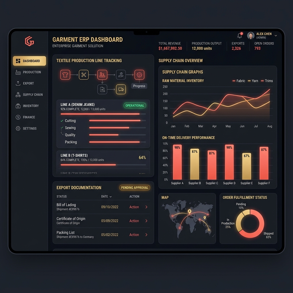 GarmentFlow ERP UI Dashboard - Bangladesh Apparel Software